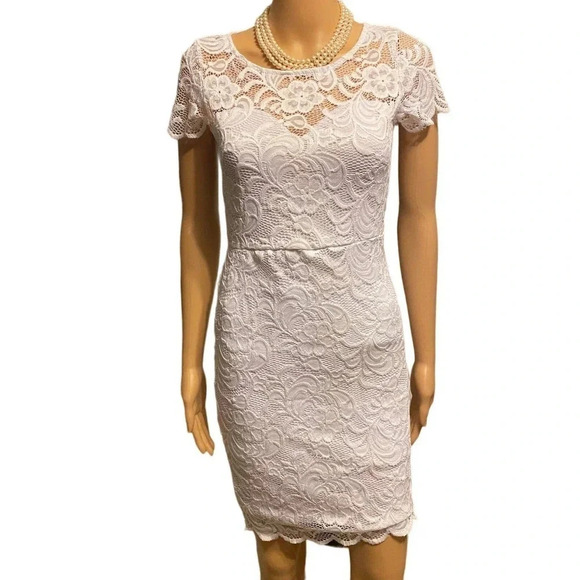 Ambiance Floral Lace Stretch Knee Length White Dress Women Size M - Picture 1 of 6